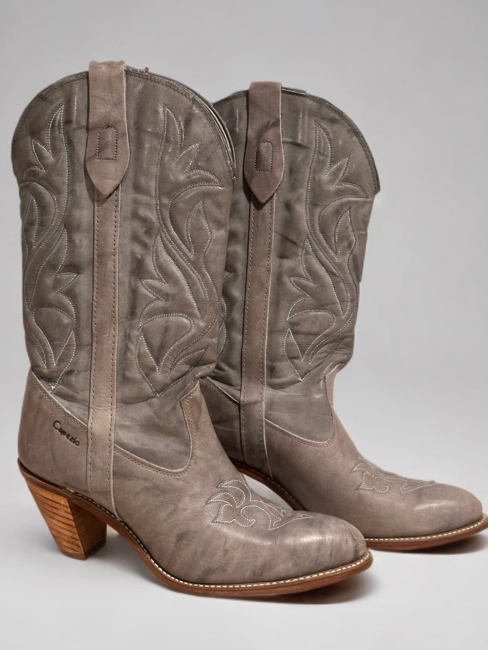 70s Vintage Miss Capezio Slate Grey Leather Boots Stacked Wood Heel USA 10 EUC